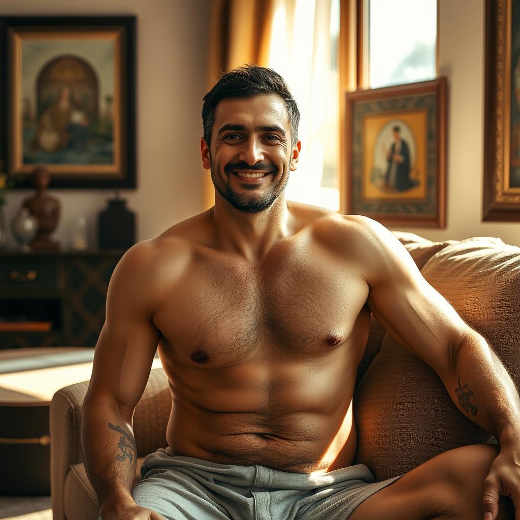 A 45-year-old Iranian man without a t-shirt, relaxing at home