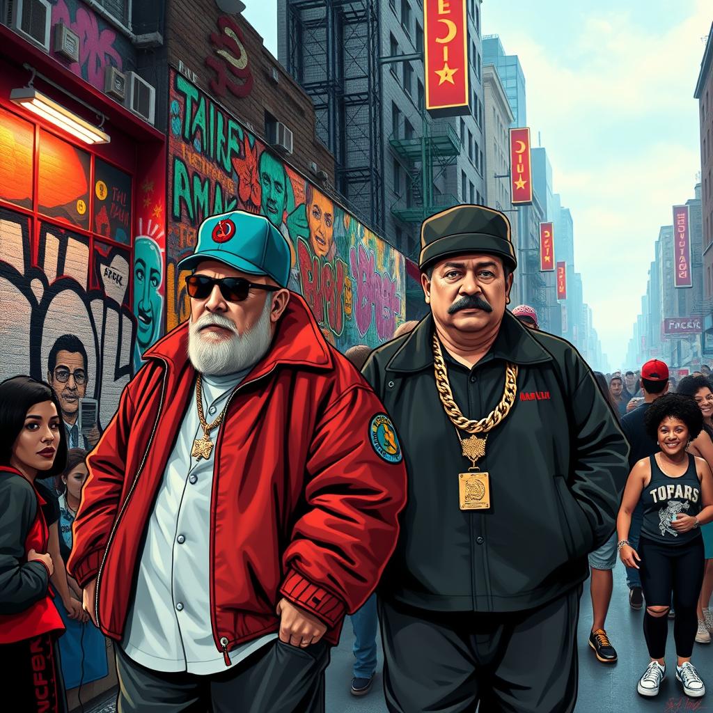 A vibrant, artistic reinterpretation of historical figures Lenin and Stalin depicted as hip-hop icons in a Harlem ghetto setting
