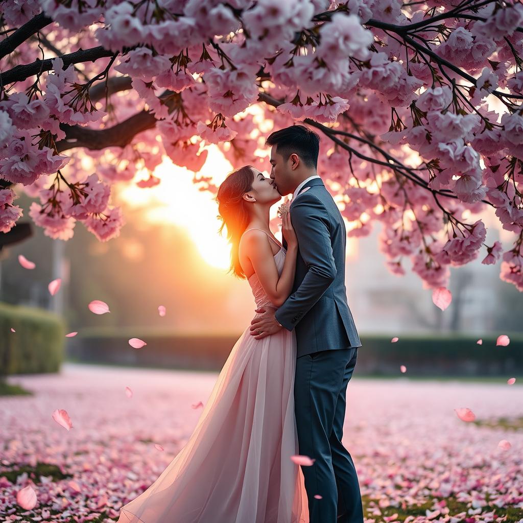 a romantic scene of a couple kissing passionately under a lush cherry blossom tree, the petals gently falling around them, with a soft sunset in the background casting a warm glow over the scene, the couple is dressed in elegant attire, the woman in a flowing pastel dress and the man in a tailored suit, their eyes closed as they share a tender moment, the atmosphere is dreamy and filled with love and magic