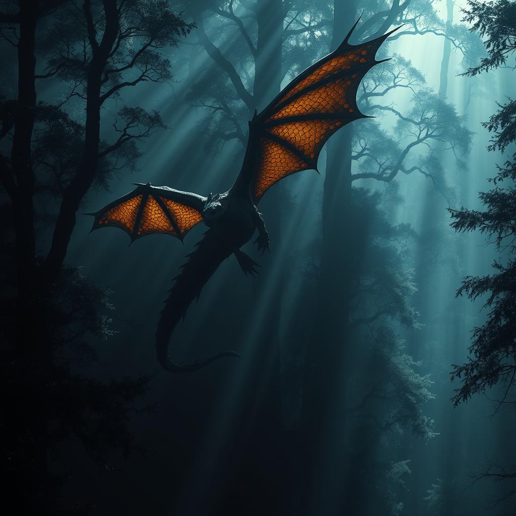 An epic dragon soaring majestically over a mysterious dark forest, with towering ancient trees and a misty atmosphere