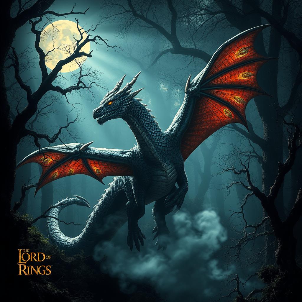 An epic dragon soaring majestically through a mysterious dark forest, its scales shimmering with iridescent colors
