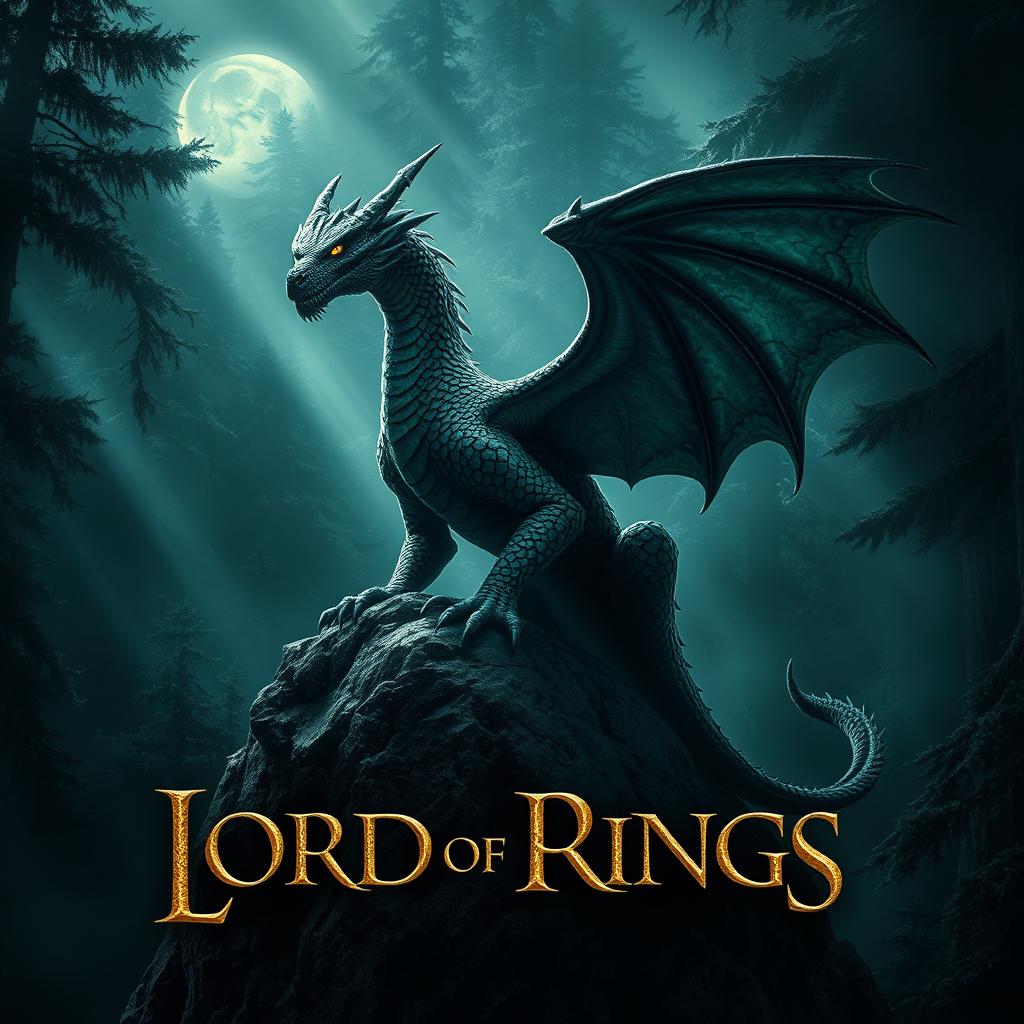 An epic dragon perched majestically on a rugged rock in a mysterious dark forest, exuding an air of ancient power