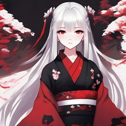 Anime-styled girl with white hair and bright red eyes, dressed in traditional Japanese red and black clothes.