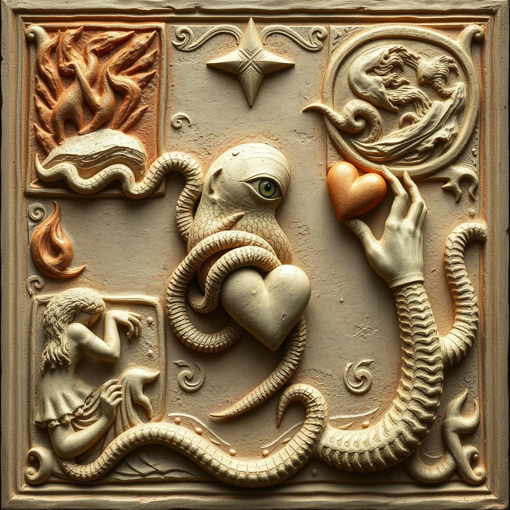 A detailed bas-relief depicting a scene with fire in one corner, a rock in another corner, a wave in a third corner, and the wind represented in a fourth corner
