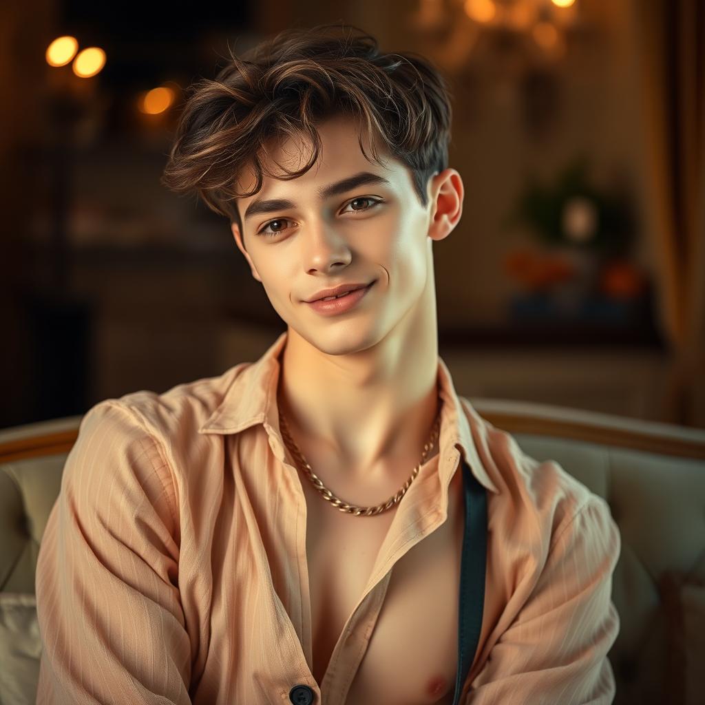 A slightly more submissive and feminine young transgender man, adorned in delicate, stylish clothing that emphasizes his soft features and delicate frame
