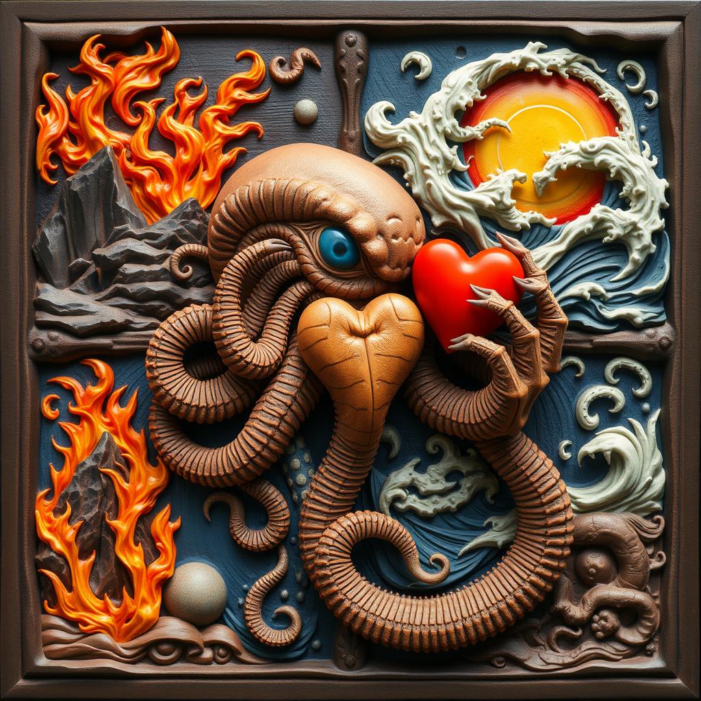 A stunning bass relief artwork featuring a fiery element in one corner, a rugged rock in another corner, a powerful wave in a third corner, and swirling winds in the last corner