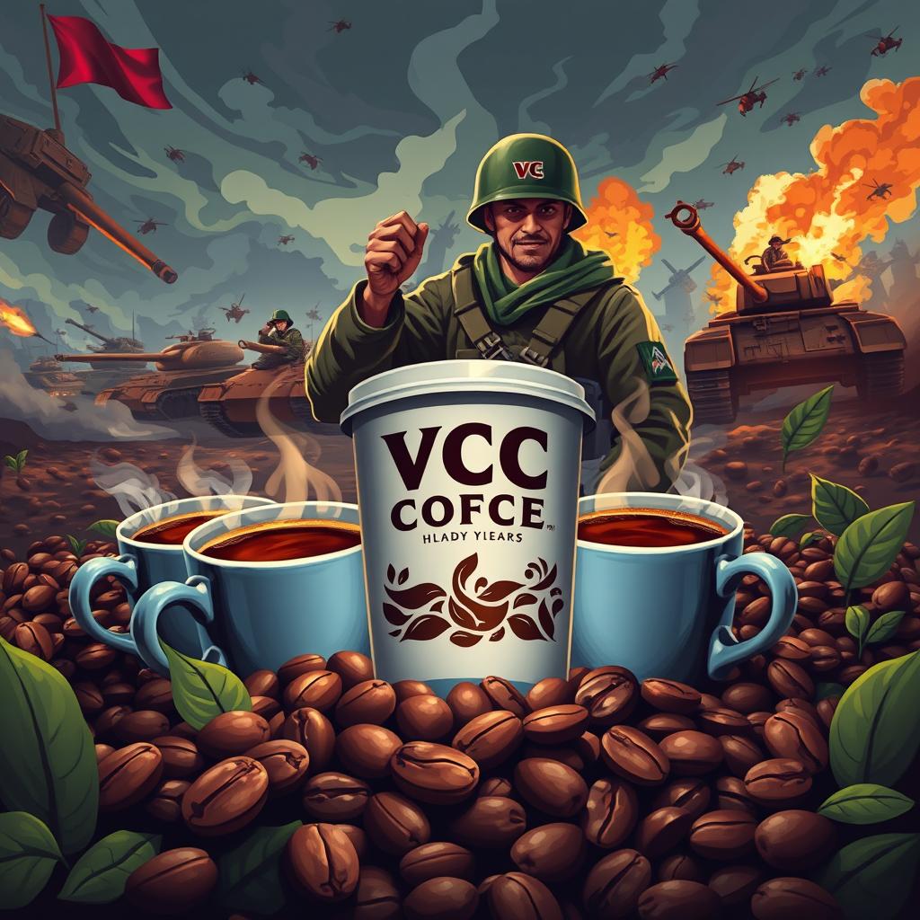 A dynamic and visually captivating representation of the VCC Coffee brand amidst a war setting