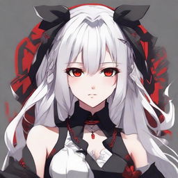 Anime-styled girl with white hair and bright red eyes, dressed in red and black clothes.