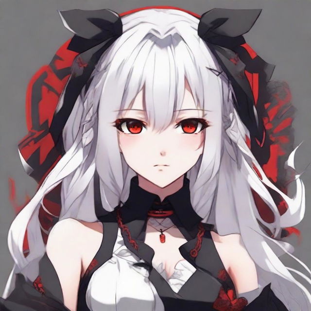 Anime-styled girl with white hair and bright red eyes, dressed in red and black clothes.