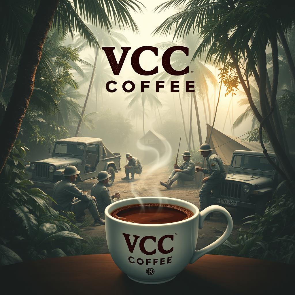 A visually striking and evocative artwork representing the VCC Coffee brand, set against the backdrop of the Vietnam War