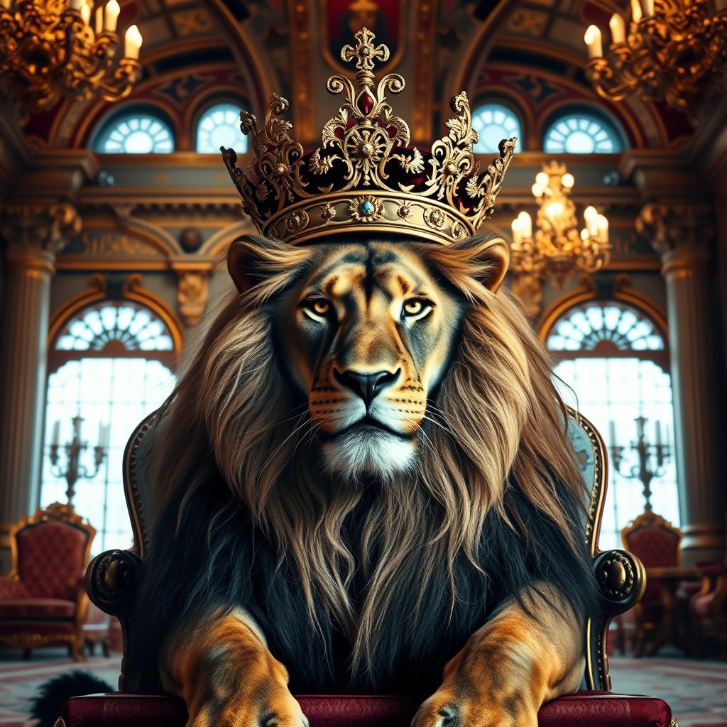 A majestic lion wearing an ornate royal crown, sitting elegantly inside a luxurious palace with grand architectural features