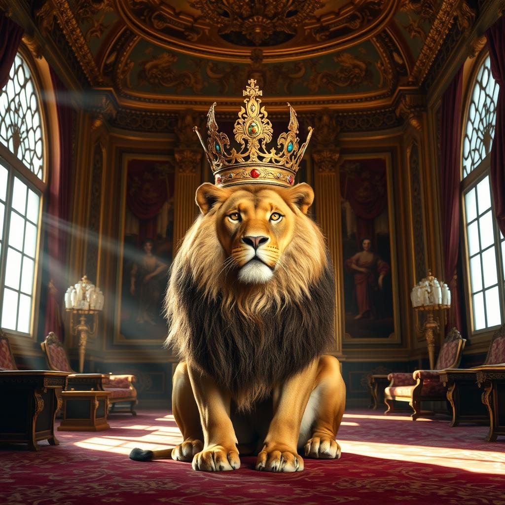 A majestic lion adorned with a lavish royal crown, sitting gracefully inside an opulent palace filled with intricate designs and golden details