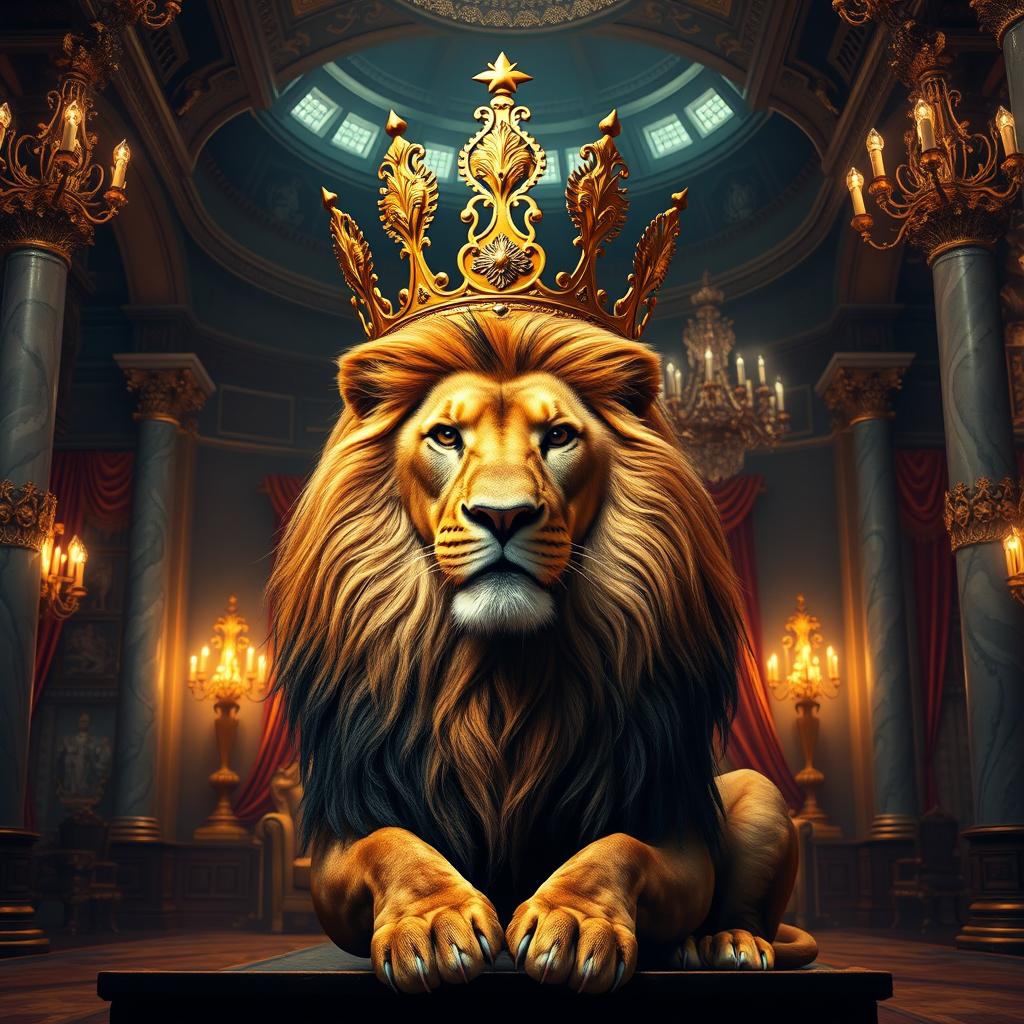 A majestic lion wearing a golden crown, sitting regally in an opulent palace