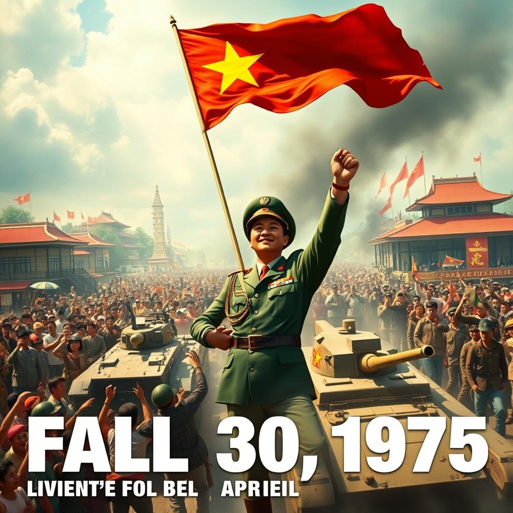 A powerful and emotive scene depicting the historic moment of the fall of Saigon on April 30, 1975, symbolizing the liberation of Southern Vietnam