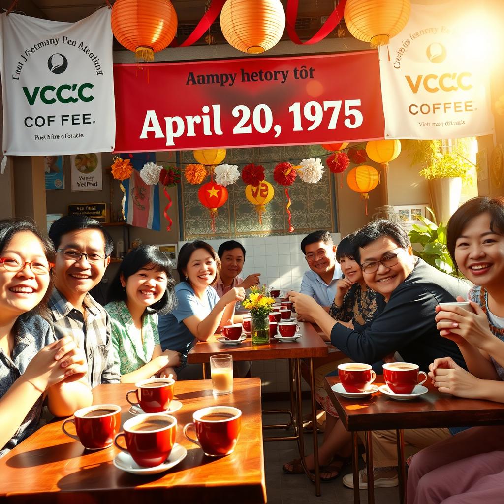 A vibrant and festive celebration scene honoring April 30, 1975, with banners and decorations featuring the VCC COFFEE brand