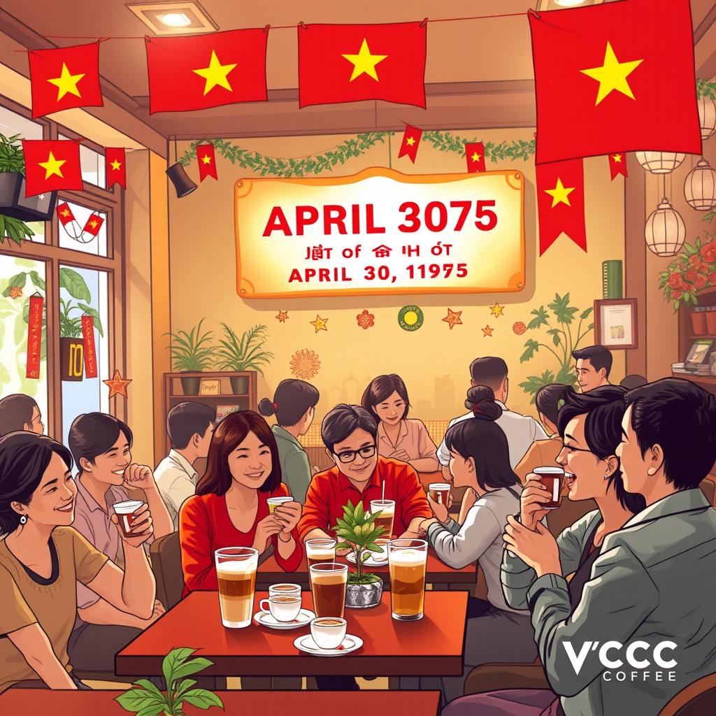 A vibrant and celebratory scene depicting the VCC COFFEE brand as it embraces the spirit of April 30th, 1975, the day of Vietnam's reunification