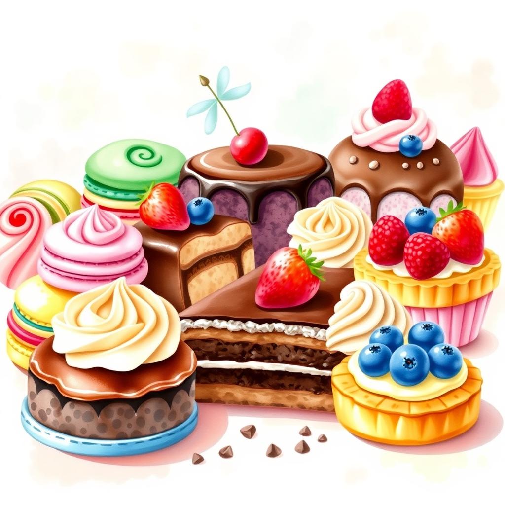 A stunning watercolor painting of a delightful dessert display featuring an array of pastries, cakes, and treats beautifully arranged
