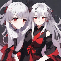 Anime-styled girl with white hair and bright red eyes, dressed in red and black clothes.