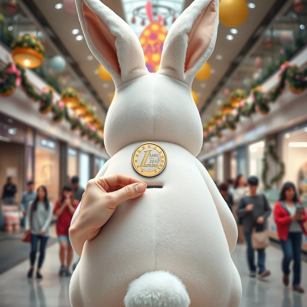 A realistic photomontage of a large Easter bunny with a slot in its back, depicted in the center of a shopping mall