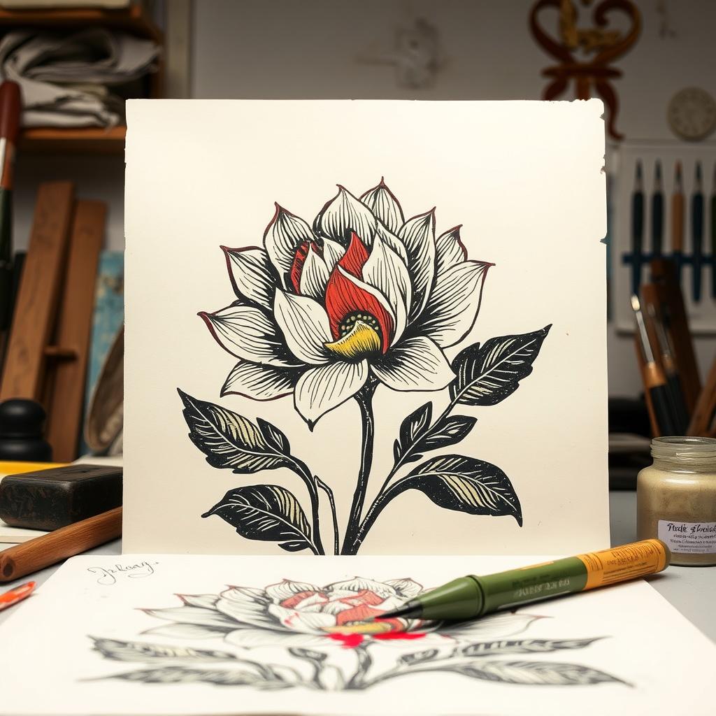 Analysis of a linoleum print, showcasing detailed artistic elements such as texture, intricate patterns, and color contrasts