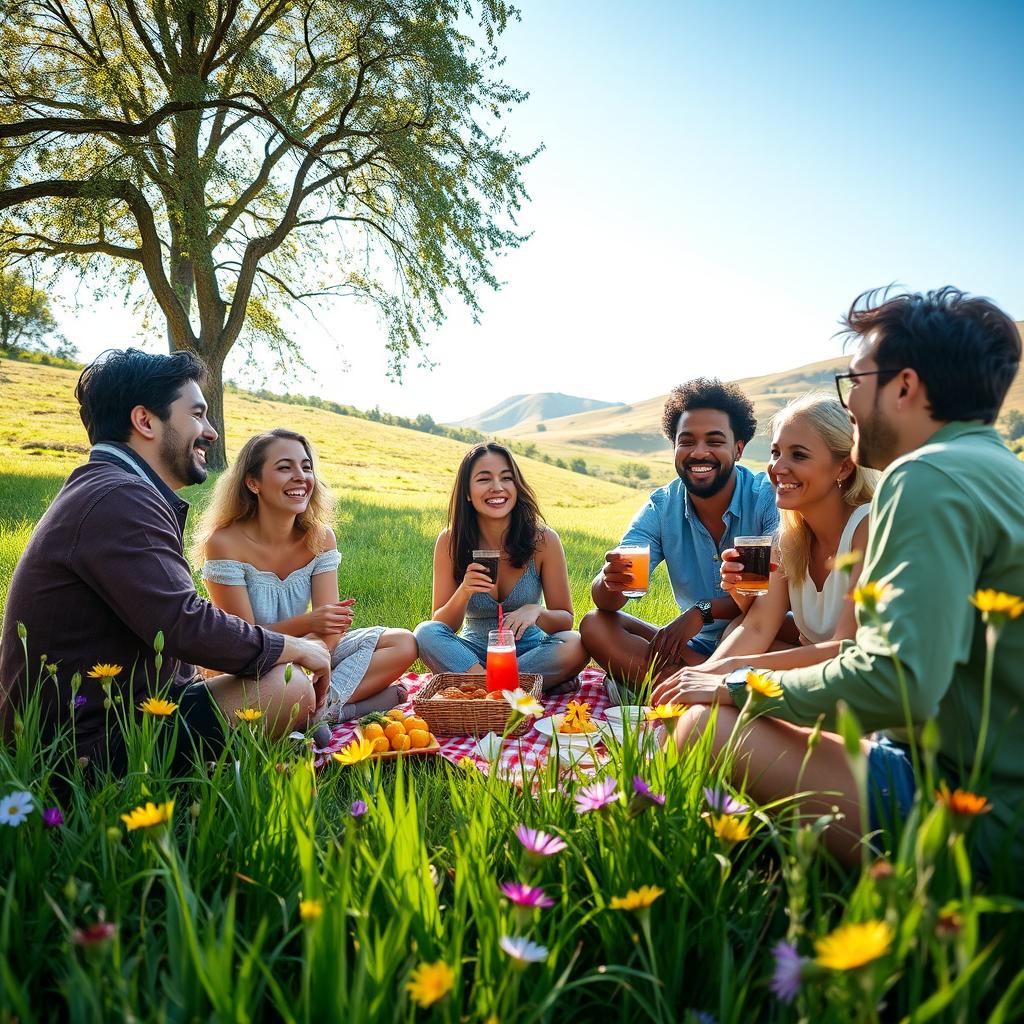 A candid, natural scene featuring a group of friends laughing and enjoying a picnic in a sunlit park