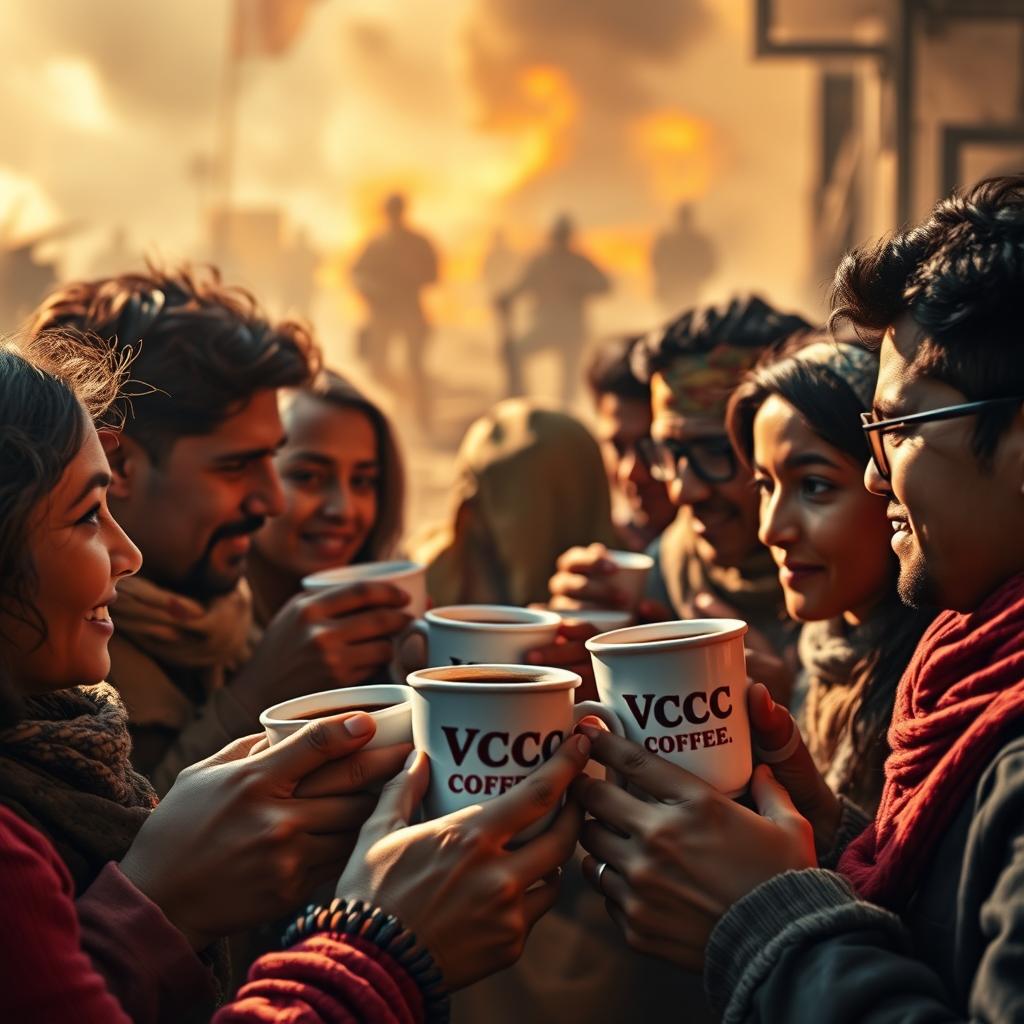 A captivating scene showcasing the brand VCC COFFEE intertwined with themes of unity and resilience during a war