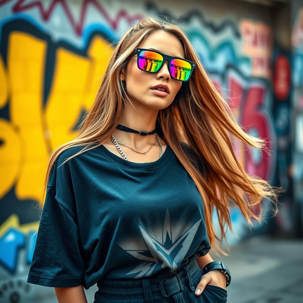 A woman with an edgy, street-style look, wearing a stylish pair of trap sunglasses that reflect vibrant colors