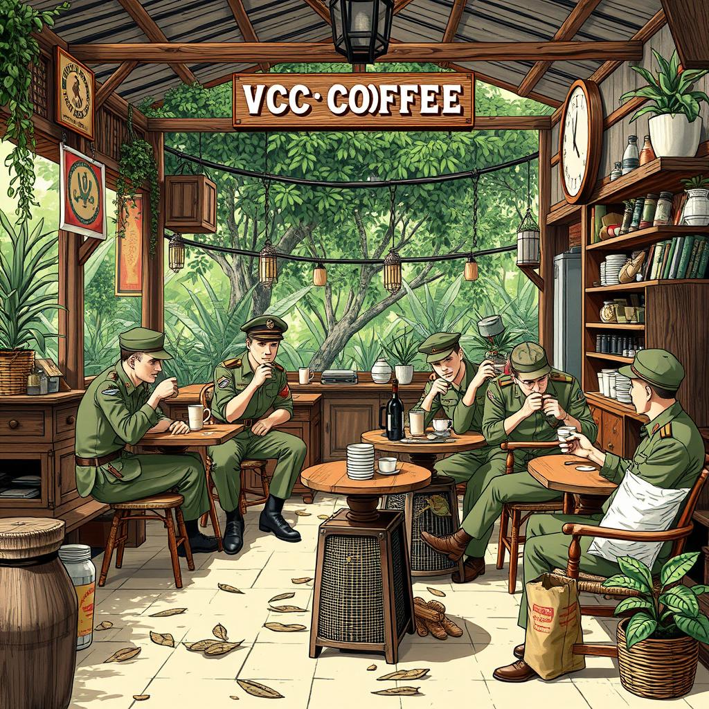 A detailed illustration of a Vietnam War-era coffee shop scene branded with 'VCC COFFEE'