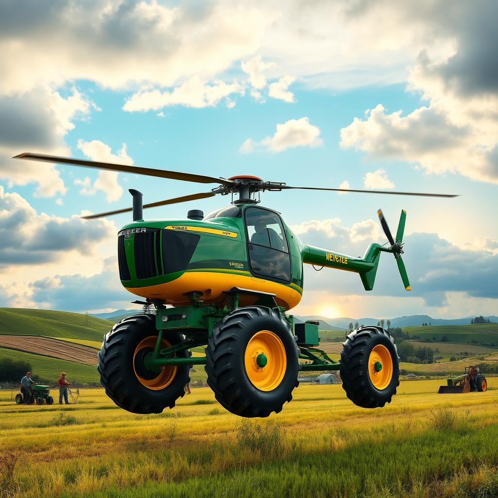 A highly detailed, imaginative scene featuring a helicopter that is designed to look like a tractor