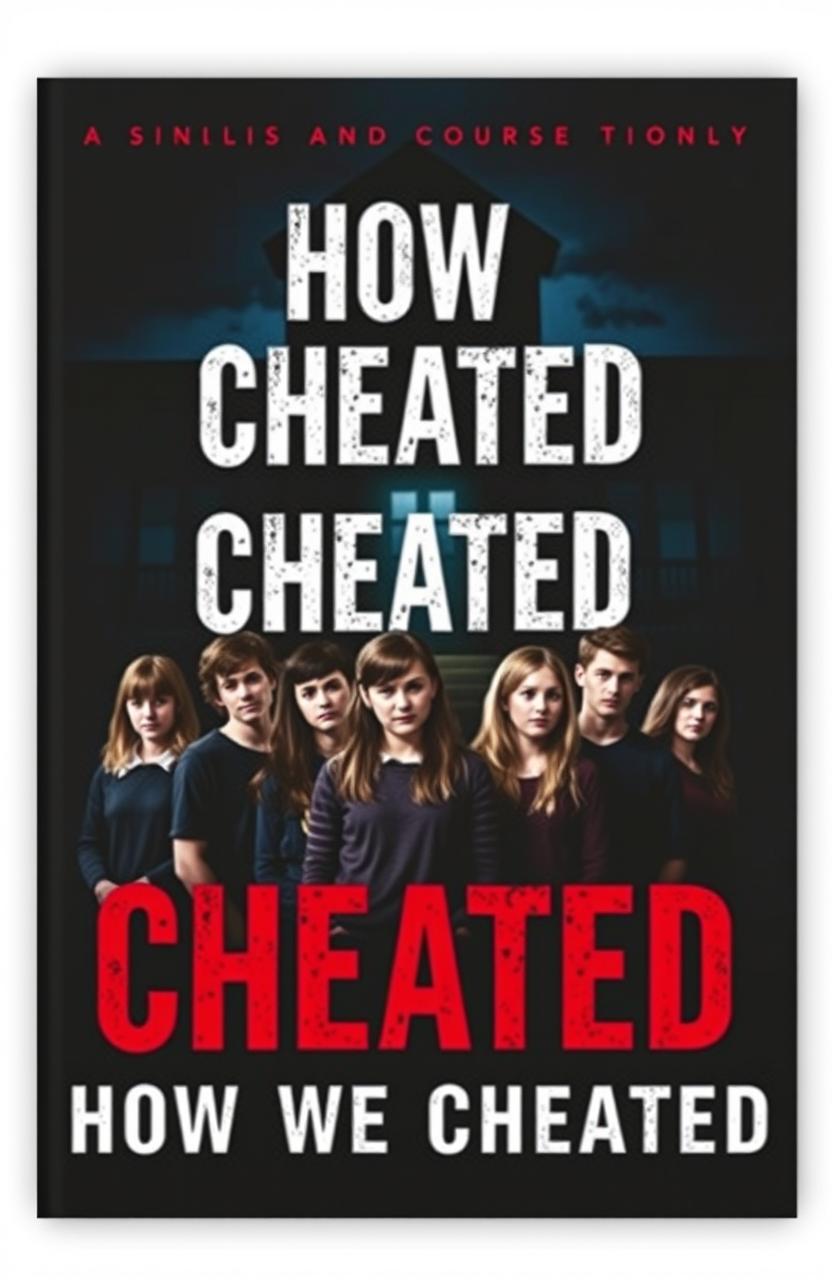 A dark and gripping book cover for a thriller titled 'How We Cheated', featuring a shadowy school building in the background, ominously lit by the moonlight