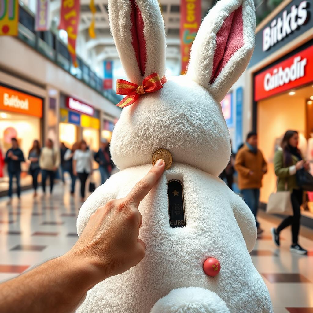 A realistic photomontage of a large Easter bunny with a slot in its back, situated in a bustling shopping mall