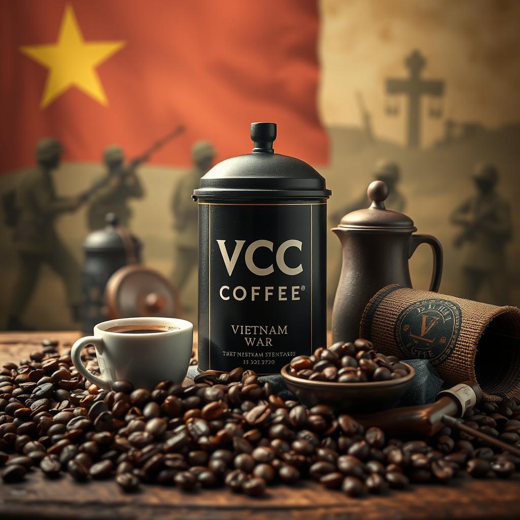 An artistic expression of VCC COFFEE brand set against a backdrop of the Vietnam War, featuring elements of the iconic Vietnamese culture and history