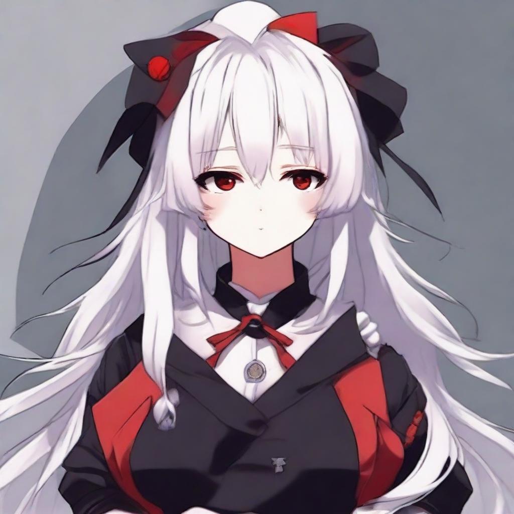 Anime-styled girl with white hair and bright red eyes, dressed in red and black clothes.