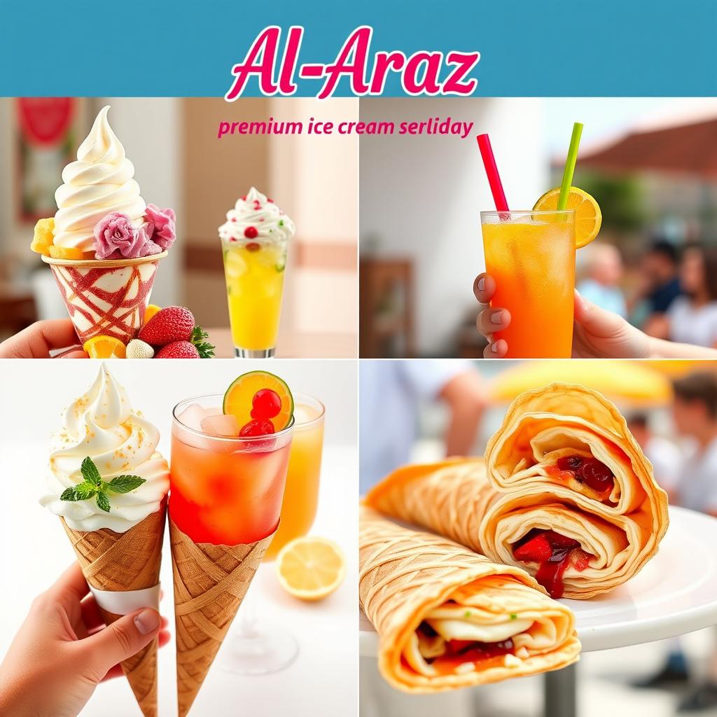A vibrant and inviting advertisement video for a premium ice cream shop, named "Al-Araz", showcasing a variety of delicious offerings