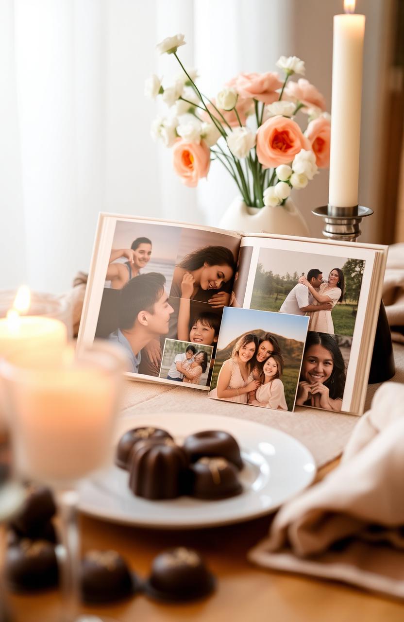 A serene and emotional scene depicting a beautifully set table with a variety of photographs showcasing cherished memories
