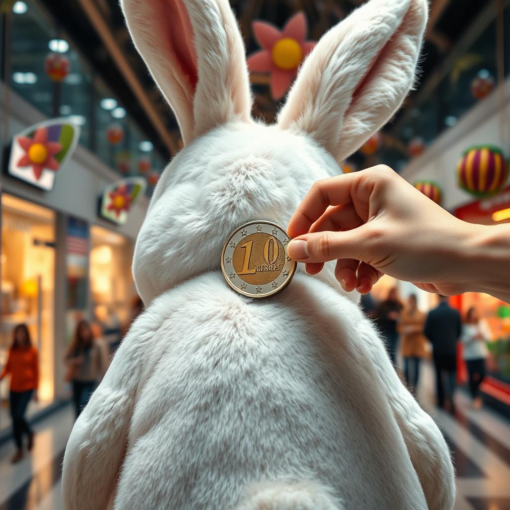 A realistic photomontage of a large Easter Bunny with a slot on its back, featuring a hand depositing a Euro coin into the slot