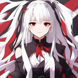 Anime-styled girl with white hair and bright red eyes, dressed in red and black clothes.