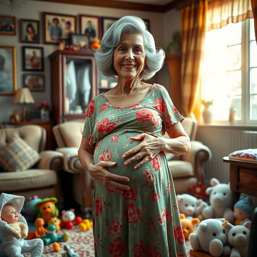 A surreal and whimsical scene featuring a pregnant grandmother, who is depicted as wise and nurturing yet full of joy