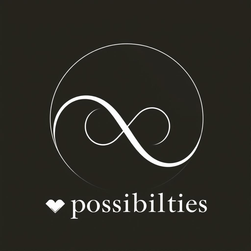 A transparent graphic design featuring the caption '∞ possibilities' in an elegant serif or modern sans-serif font, such as Playfair Display or Montserrat