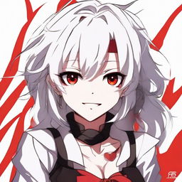 Anime-styled girl with white hair and bright red eyes, wearing red and black clothes, showcasing an evil laugh.