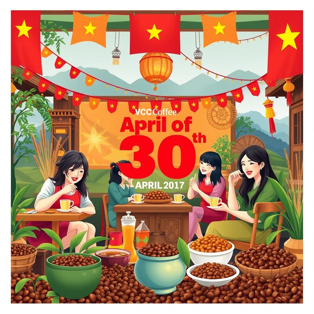 A vibrant and festive depiction of the VCC Coffee brand celebration on April 30th, showcasing the essence of Vietnamese culture