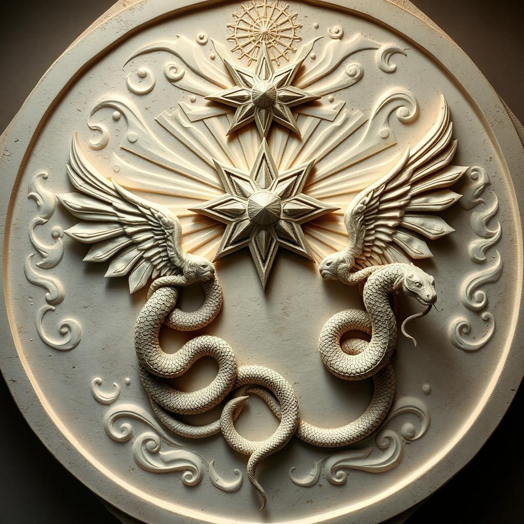 A bas-relief artwork featuring a radiant star at the top that projects beams of light