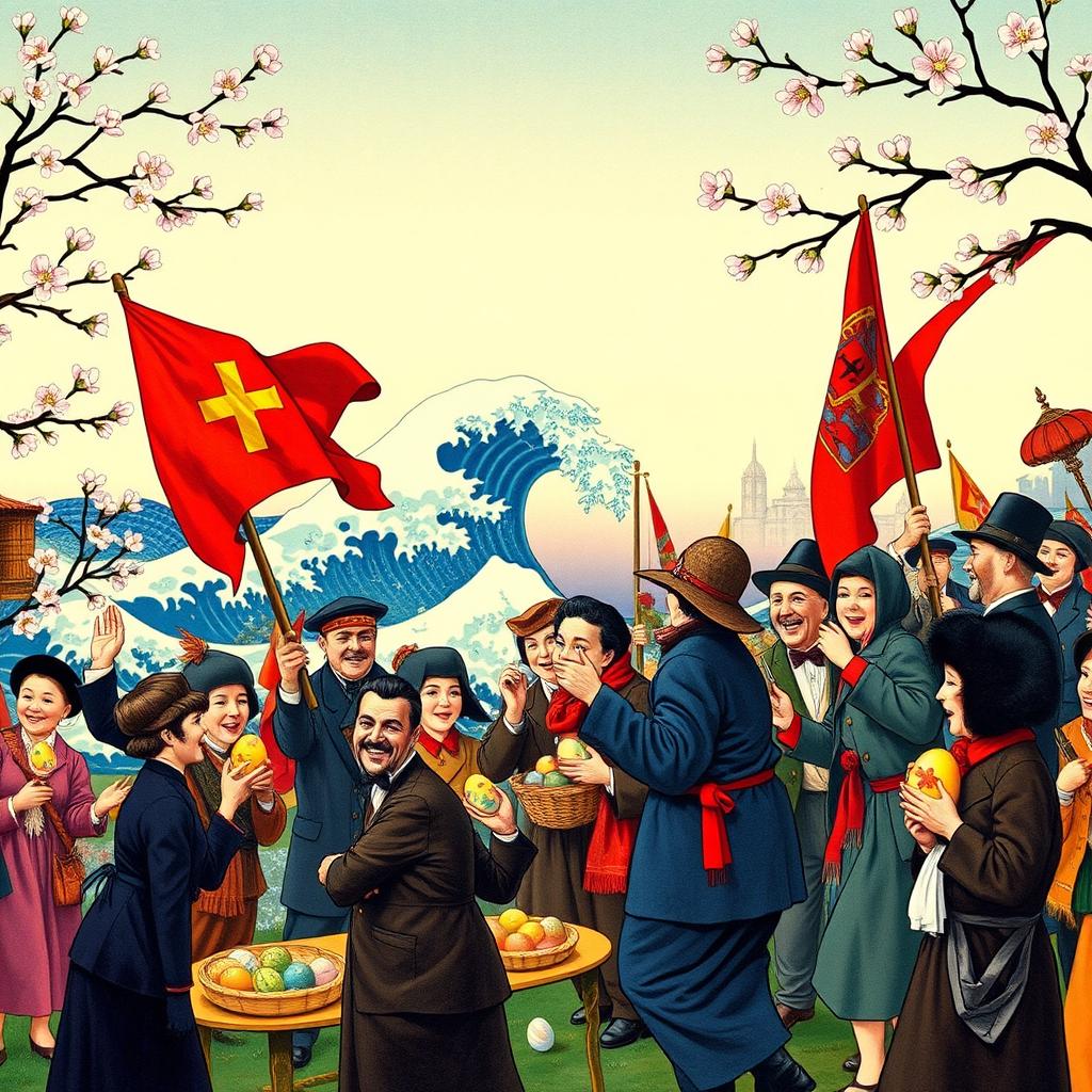 A vibrant scene depicting Bolsheviks celebrating Easter in the style of Katsushika Hokusai