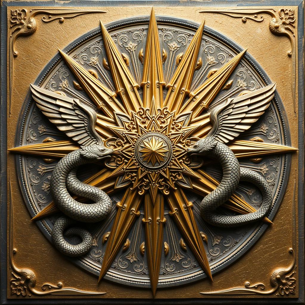 A beautiful bas-relief featuring a large, central star radiating beams of light, with each beam transforming into winged serpents