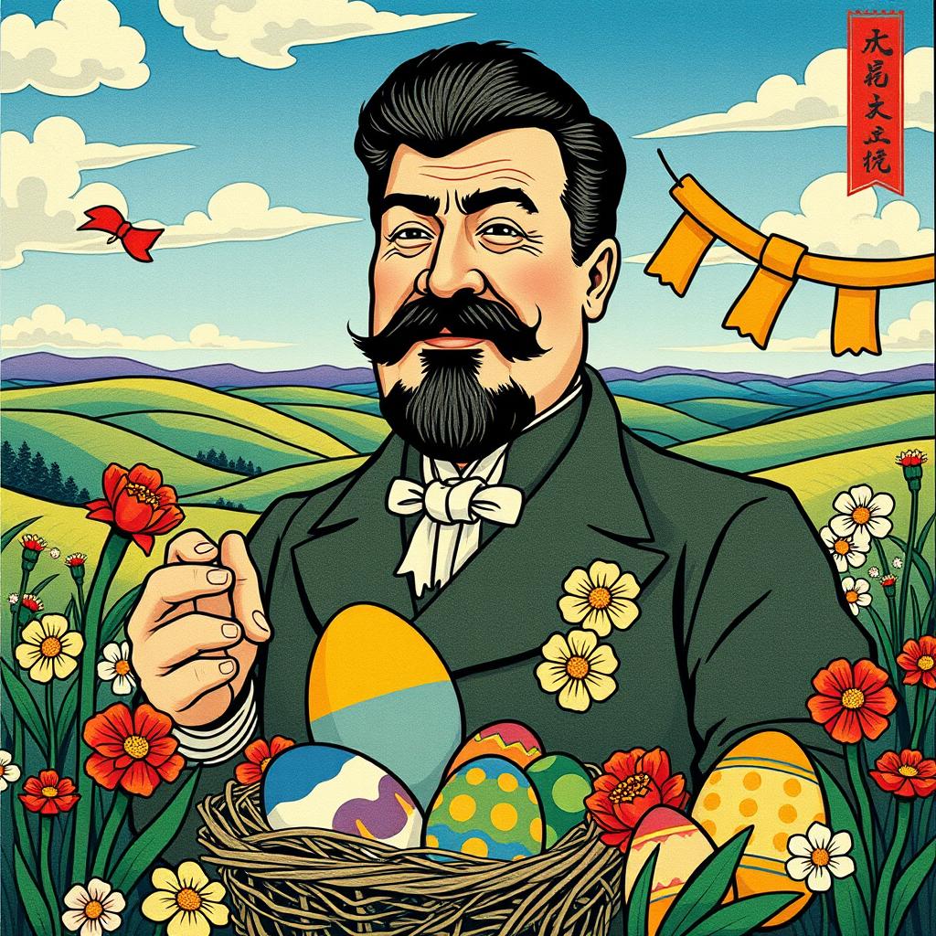 A vibrant imaginative scene depicting a historical figure in a whimsical and colorful way, inspired by the woodblock print style of Katsushika Hokusai