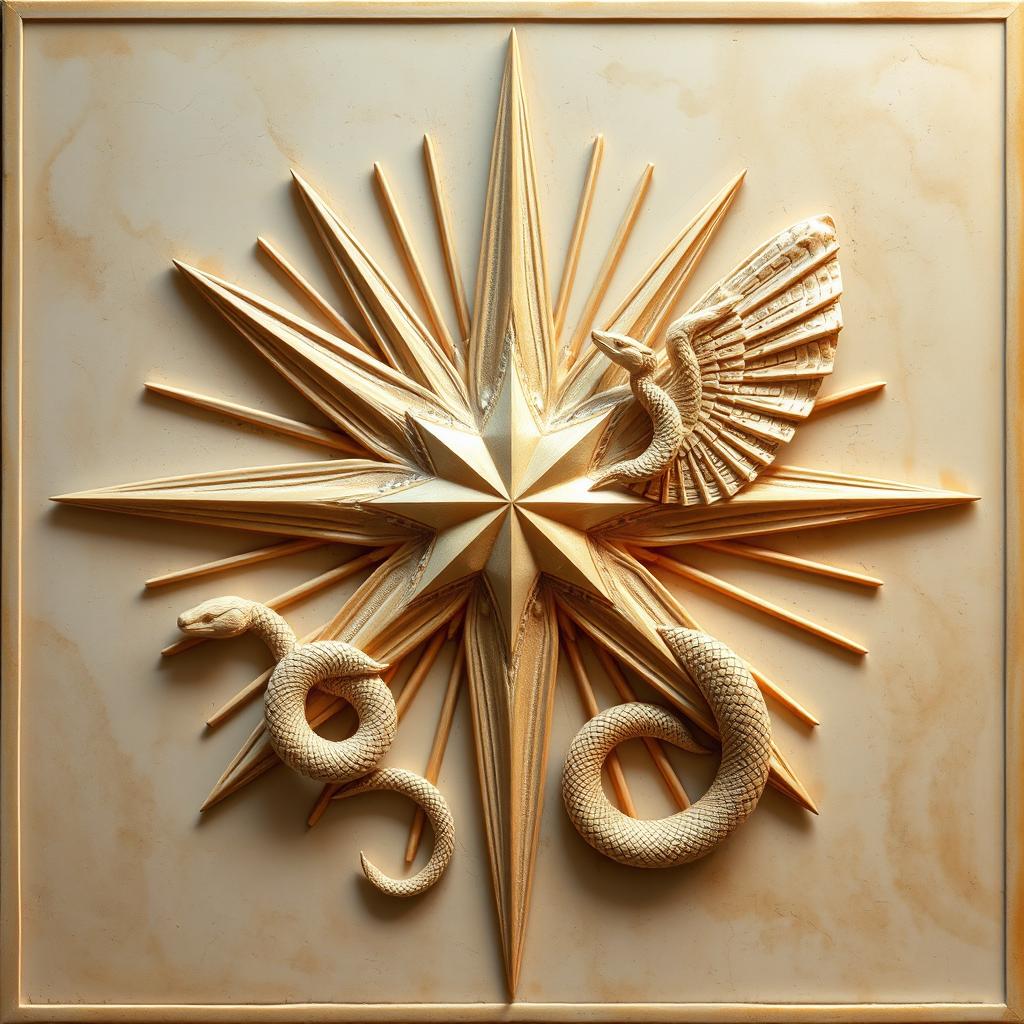 A bass relief featuring a large star radiating beams of light that transform into winged serpents