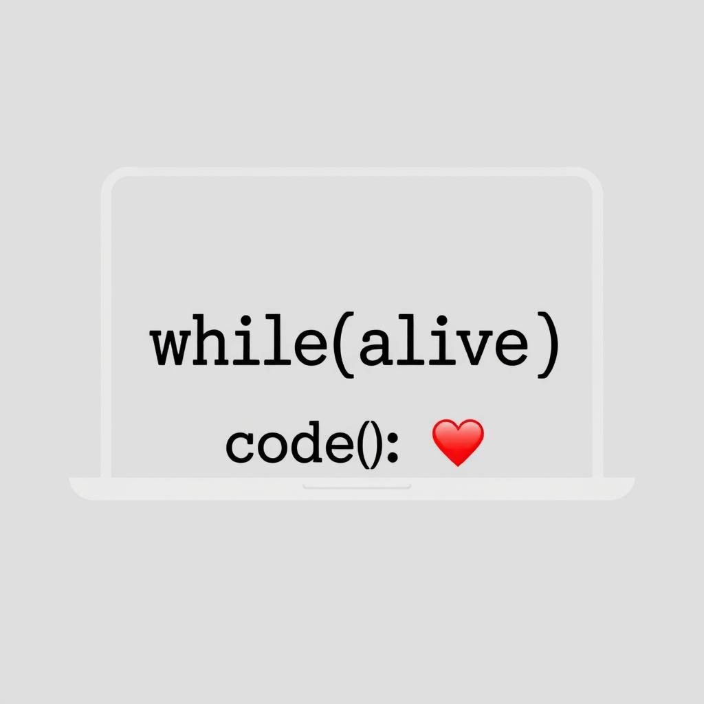 A transparent image featuring the caption "while(alive) { code(); }" in a typewriter or monospaced font style, resembling Courier New or Fira Code