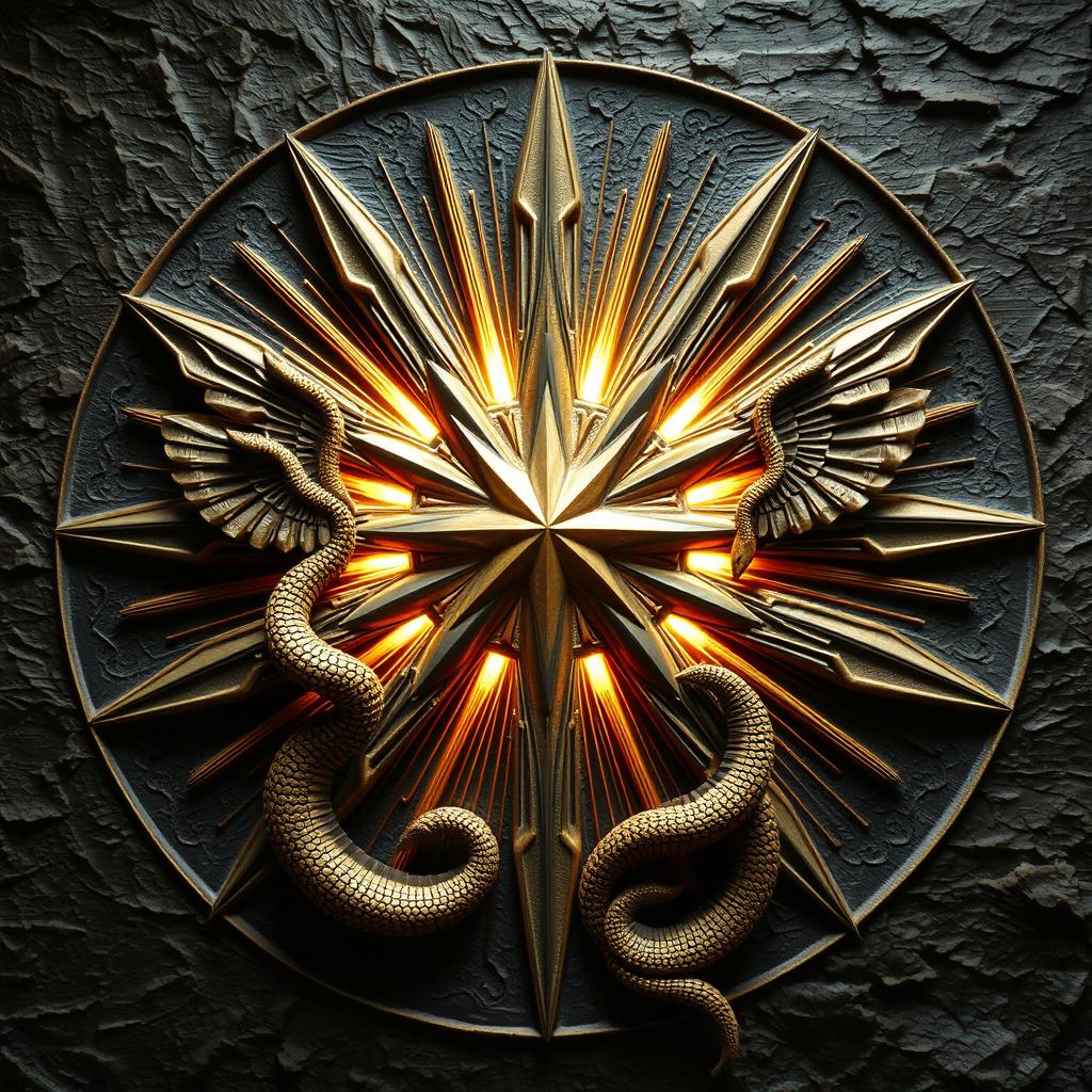 A detailed bass relief sculpture featuring a radiant star that projects beams of light transforming into winged serpents