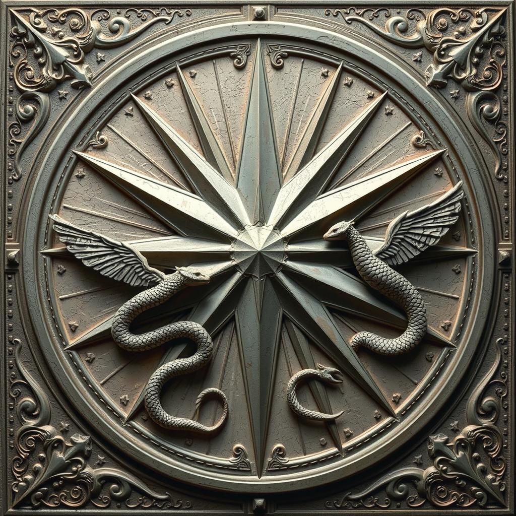 A bas-relief artwork depicting a large star radiating beams of light that transform into winged serpents