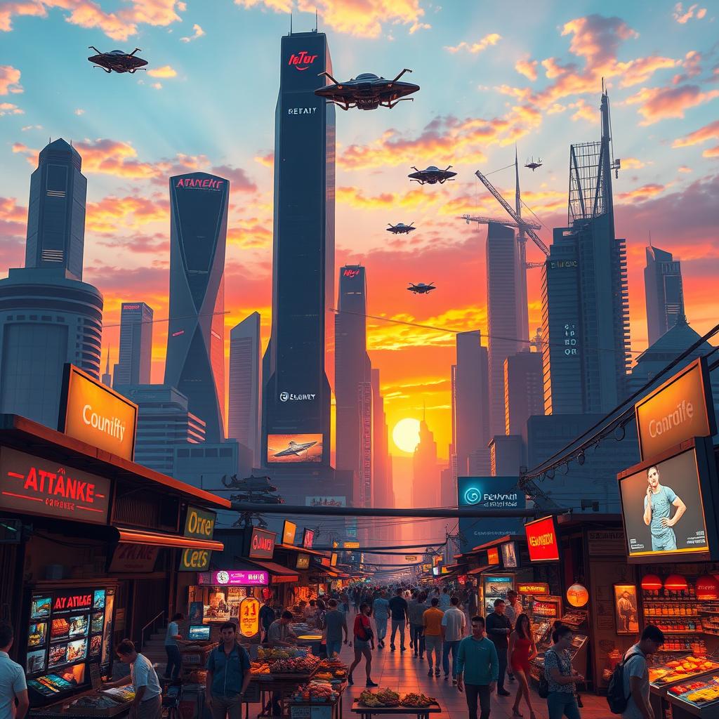 A futuristic city skyline at sunset, featuring sleek skyscrapers with neon lights, flying cars zipping through the air, and a vibrant sky painted in shades of orange, purple, and blue